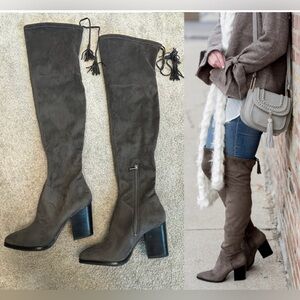 Marc Fisher gray faux suede knee-high over the knee tassel boots chunky heel 9